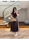 KAHVE DANTEL YAKA ASKILI ELBİSE-8543