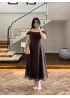 KAHVE DANTEL YAKA ASKILI ELBİSE-8543