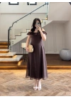 KAHVE DANTEL YAKA ASKILI ELBİSE-8543