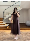 KAHVE DANTEL YAKA ASKILI ELBİSE-8543