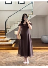 KAHVE DANTEL YAKA ASKILI ELBİSE-8543