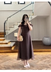KAHVE DANTEL YAKA ASKILI ELBİSE-8543