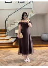 KAHVE DANTEL YAKA ASKILI ELBİSE-8543