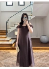 KAHVE DANTEL YAKA ASKILI ELBİSE-8543