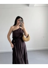 KAHVE DENİZ KABUK TOKALI VİSKON ELBİSE