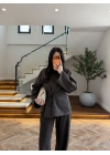 KAHVE EKOSE BAĞCIKLI OVERSİZE GÖMLEK-5589