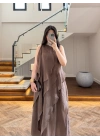 KAHVE FIRFIRLI UZUN ELBİSE-3450