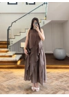 KAHVE FIRFIRLI UZUN ELBİSE-3450
