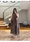 KAHVE FIRFIRLI UZUN ELBİSE-3450