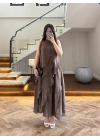 KAHVE FIRFIRLI UZUN ELBİSE-3450