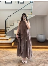 KAHVE FIRFIRLI UZUN ELBİSE-3450