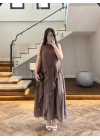 KAHVE FIRFIRLI UZUN ELBİSE-3450