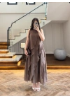 KAHVE FIRFIRLI UZUN ELBİSE-3450