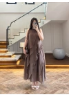 KAHVE FIRFIRLI UZUN ELBİSE-3450