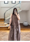 KAHVE FIRFIRLI UZUN ELBİSE-3450