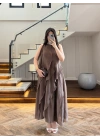 KAHVE FIRFIRLI UZUN ELBİSE-3450