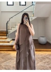 KAHVE FIRFIRLI UZUN ELBİSE-3450