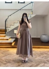 KAHVE GARNİLİ VATKALI ELBİSE -0103