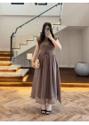 KAHVE GARNİLİ VATKALI ELBİSE -0103