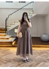 KAHVE GARNİLİ VATKALI ELBİSE -0103