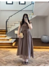 KAHVE GARNİLİ VATKALI ELBİSE -0103