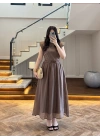 KAHVE GARNİLİ VATKALI ELBİSE -0103