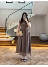 KAHVE GARNİLİ VATKALI ELBİSE -0103