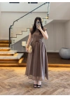 KAHVE GARNİLİ VATKALI ELBİSE -0103