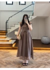 KAHVE GARNİLİ VATKALI ELBİSE -0103