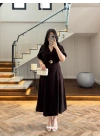 KAHVE GOLD KEMER DETAY YIRTMAÇLI ELBİSE-3909