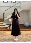KAHVE GOLD KEMER DETAY YIRTMAÇLI ELBİSE-3909