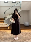 KAHVE GOLD KEMER DETAY YIRTMAÇLI ELBİSE-3909
