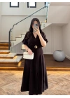 KAHVE GOLD KEMER DETAY YIRTMAÇLI ELBİSE-3909