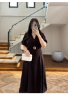 KAHVE GOLD KEMER DETAY YIRTMAÇLI ELBİSE-3909