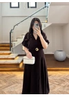KAHVE GOLD KEMER DETAY YIRTMAÇLI ELBİSE-3909