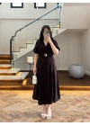 KAHVE GOLD KEMER DETAY YIRTMAÇLI ELBİSE-3909
