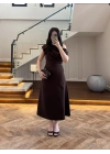 KAHVE KAYIK YAKA ELBİSE -8722