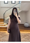 KAHVE KAYIK YAKA ELBİSE -8722