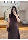 KAHVE KAYIK YAKA ELBİSE -8722