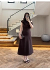 KAHVE KAYIK YAKA ELBİSE -8722