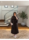(KARGOLAMA 5-7 EKİM )KAHVE KAYIK YAKA SATEN ELBİSE -26K5402