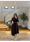 KAHVE KEMERLİ MİDİ ELBİSE-4228