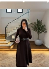 KAHVE KEMERLİ MİDİ ELBİSE-4228