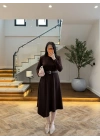 KAHVE KEMERLİ MİDİ ELBİSE-4228