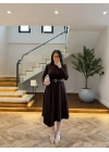 KAHVE KEMERLİ MİDİ ELBİSE-4228