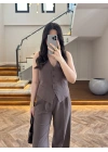 KAHVE KETEN YELEK TAKIM -9144