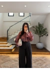 KAHVE-KİREMİT DESENLİ KOLU BÜZGÜLÜ GÖMLEK -EU5236