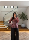 KAHVE-KİREMİT DESENLİ KOLU BÜZGÜLÜ GÖMLEK -EU5236