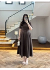 KAHVE KISA KOL KETEN ELBİSE -2402