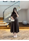 KAHVE KISA KOL KETEN ELBİSE -2402